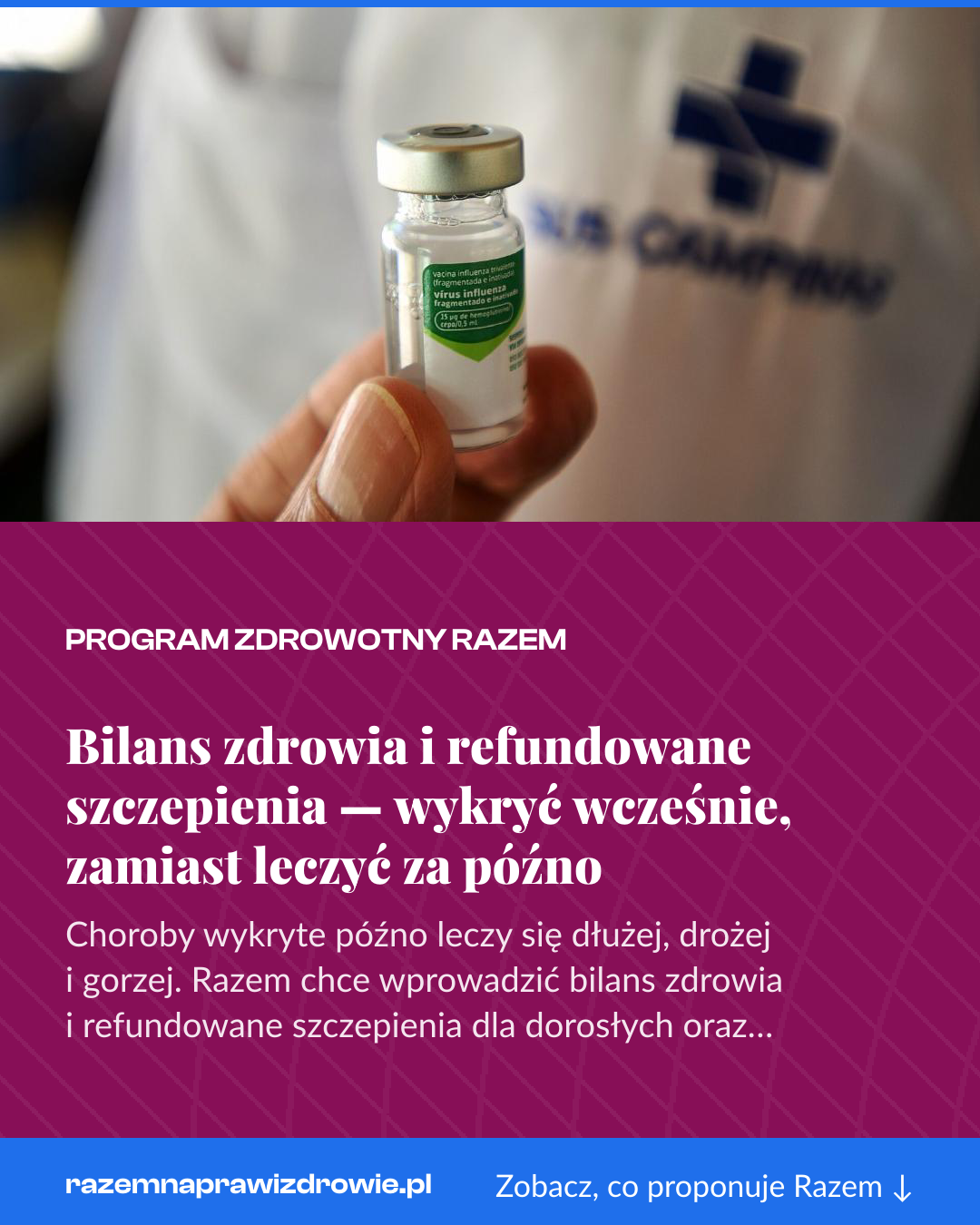 Grafika pionowa do udostępnienia: Bilans zdrowia i refundowane szczepienia — wykryć wcześnie, zamiast leczyć za późno