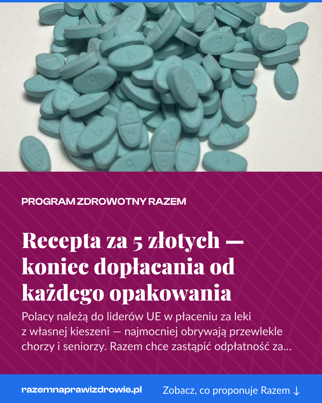 Grafika pionowa do udostępnienia: Recepta za 5 złotych — koniec dopłacania od każdego opakowania