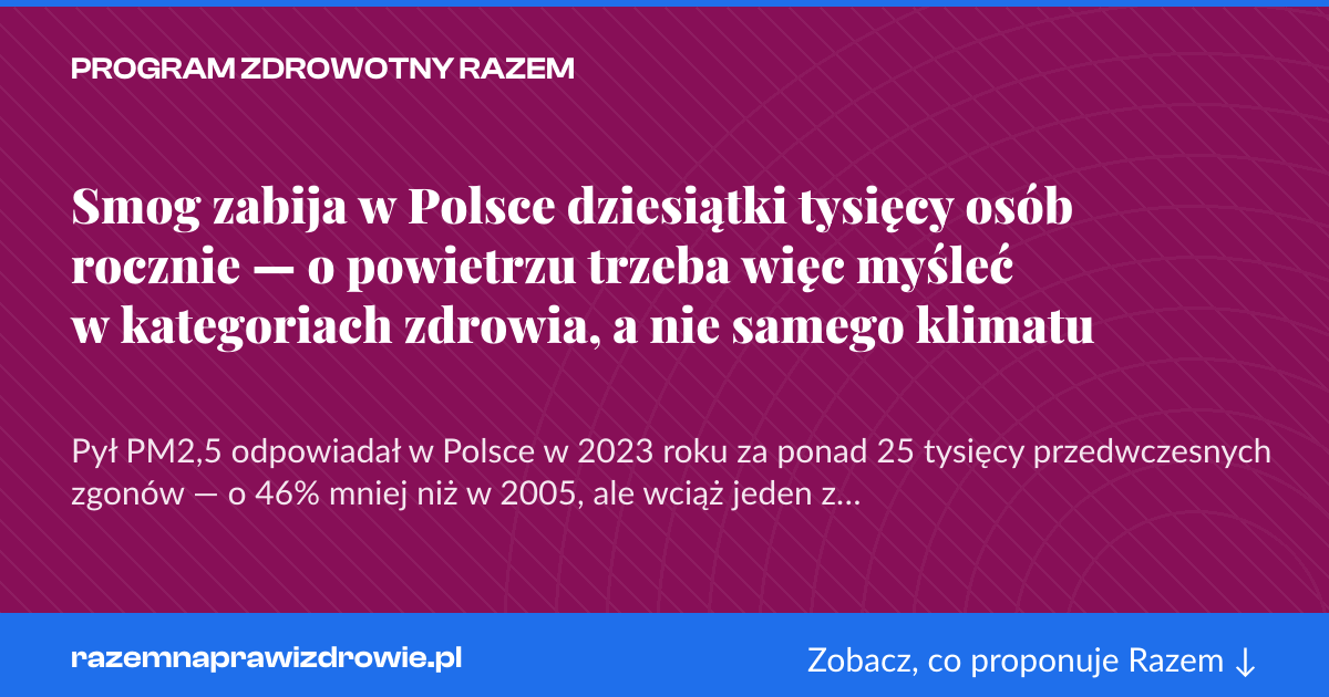 Karta social do udostępnienia: Smog zabija w Polsce dziesiątki tysięcy osób rocznie — o powietrzu trzeba więc myśleć w kategoriach zdrowia, a nie samego klimatu