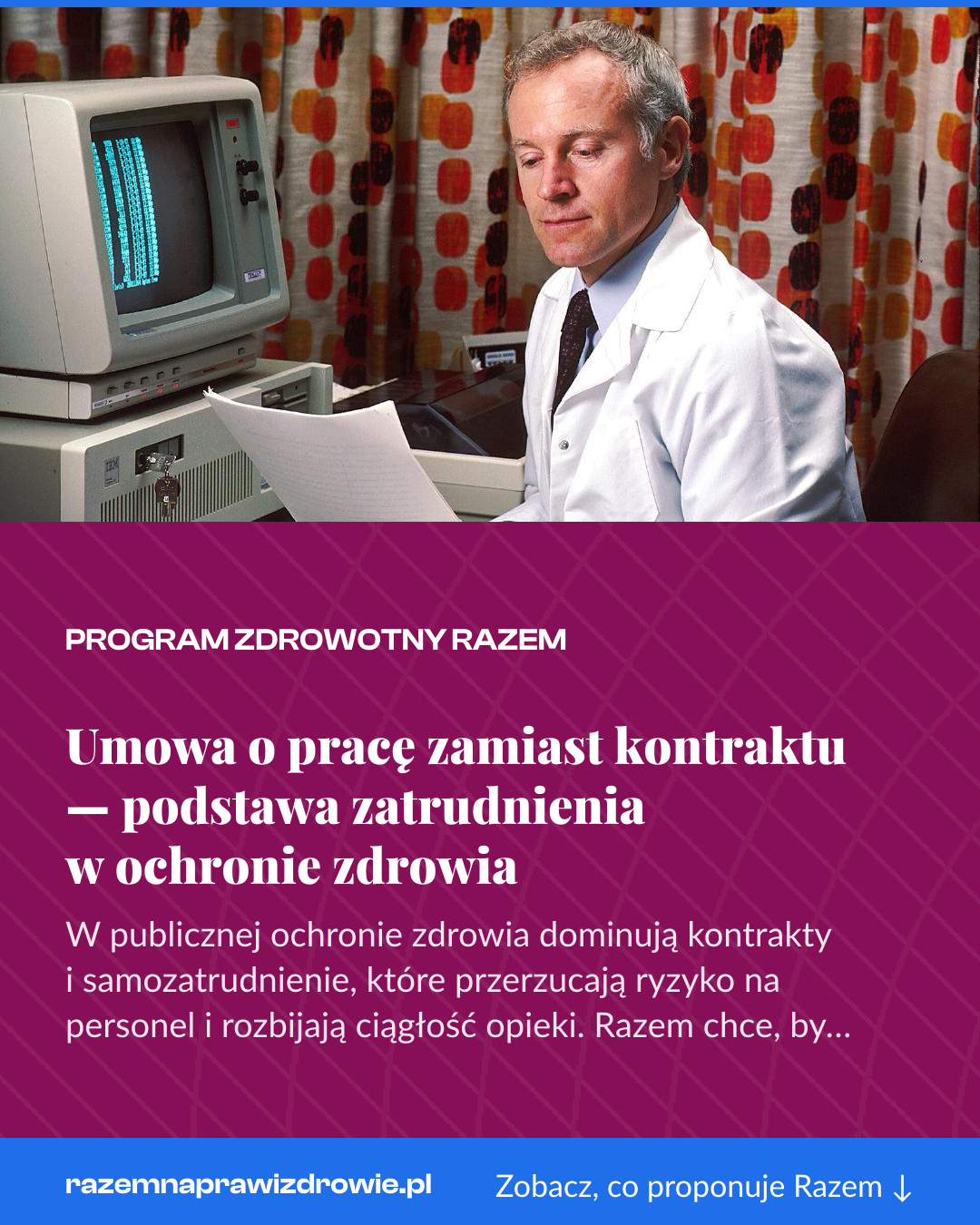Grafika pionowa do udostępnienia: Umowa o pracę zamiast kontraktu — podstawa zatrudnienia w ochronie zdrowia